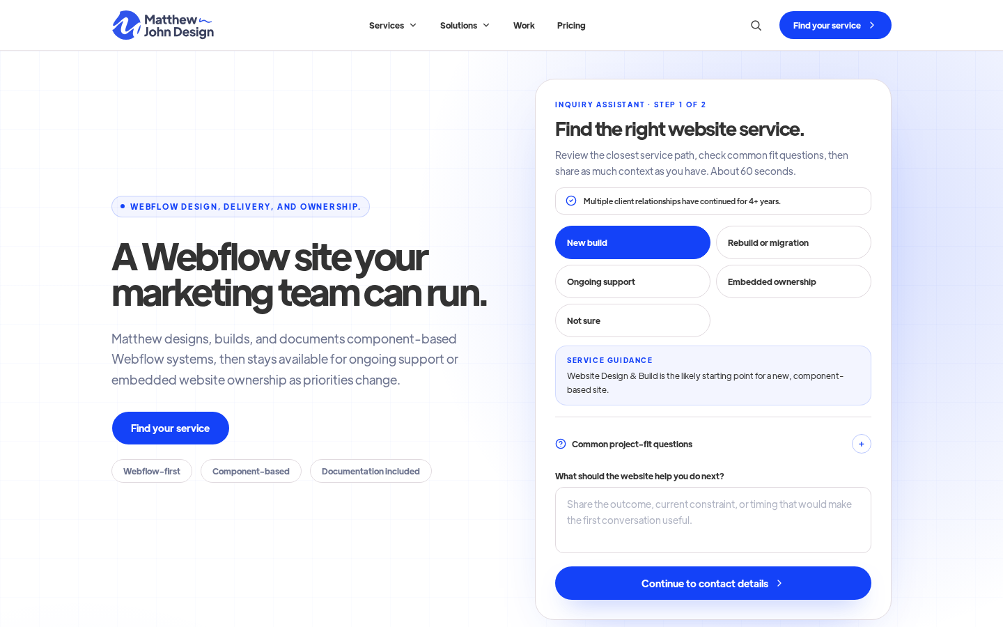 Matthew John Design homepage with its website service finder