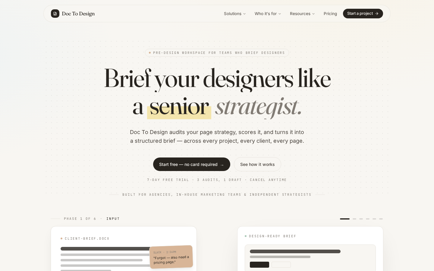 Doc To Design homepage with the headline Brief your designers like a senior strategist