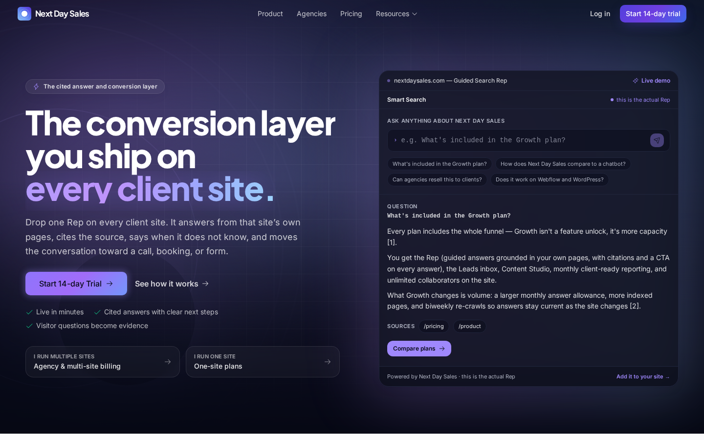 Next Day Sales AI search and growth platform interface