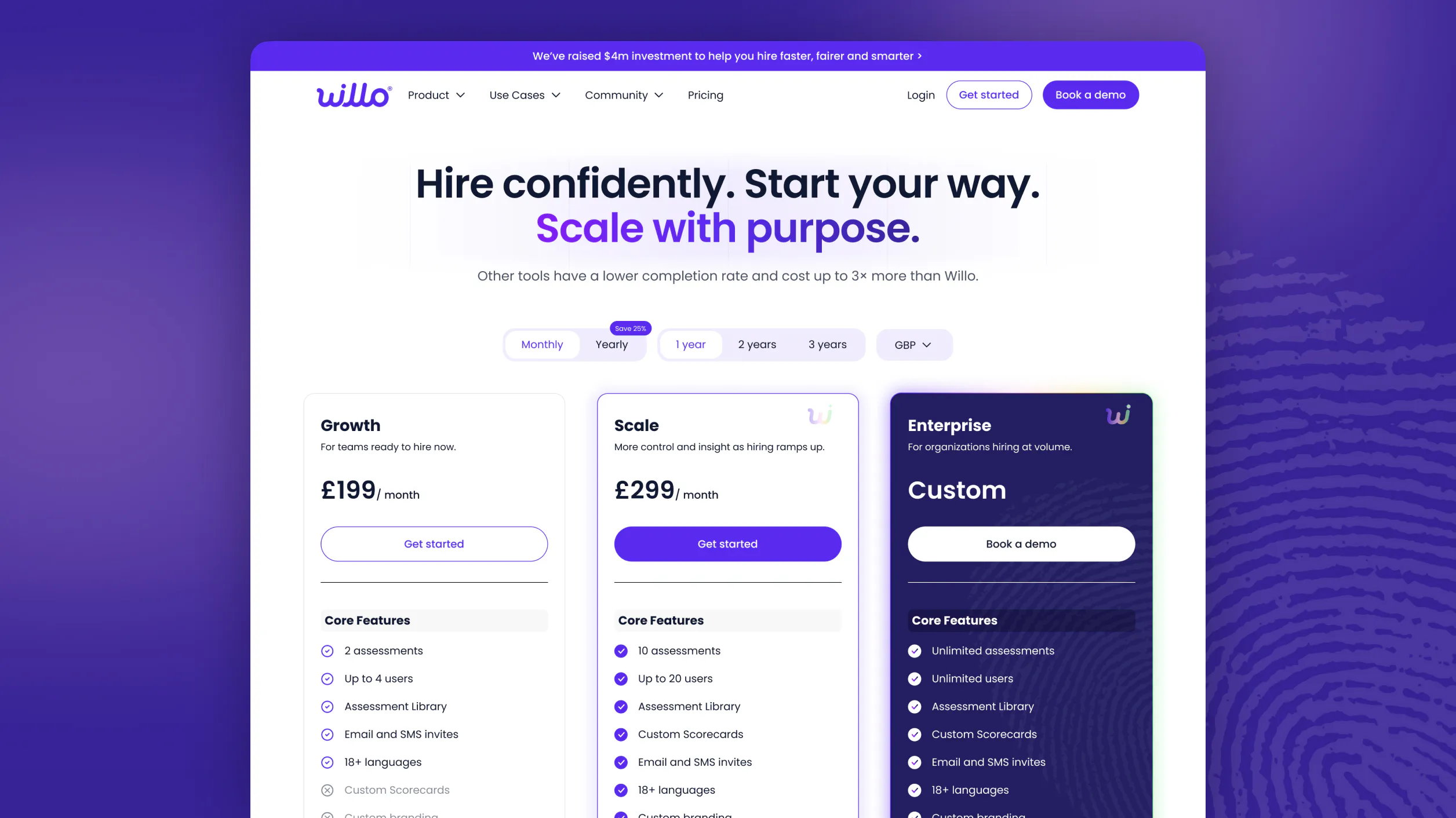 Willo pricing page with plan comparison and pricing controls